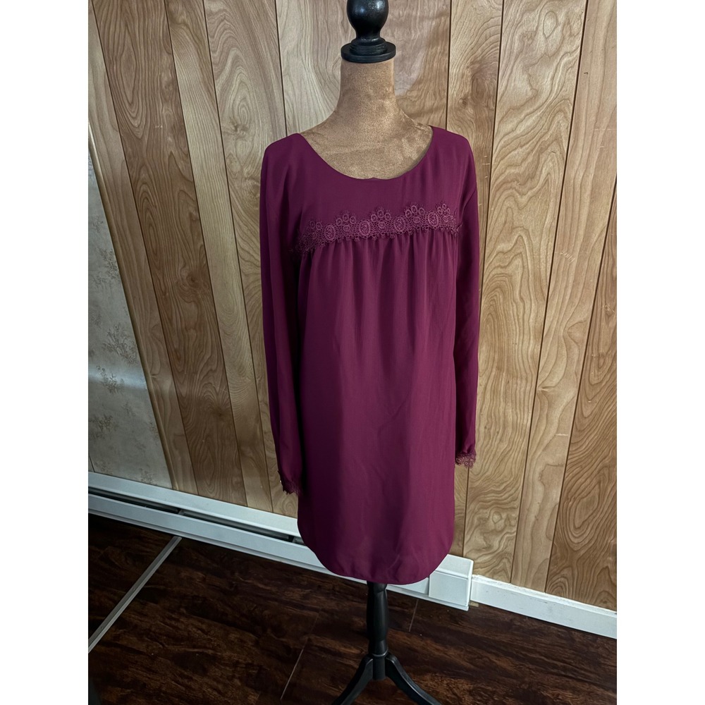 A New Day Womens Long Sleeve Lace Trim Shift Dress Burgundy Wine Size L‎